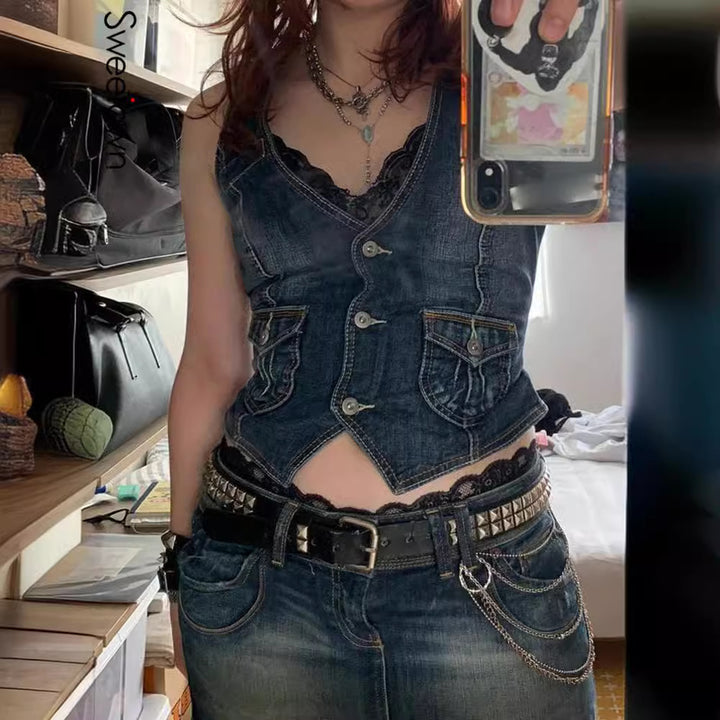 Women's denim bustier jacket with nostalgic lace insert and decorative button details Lune London