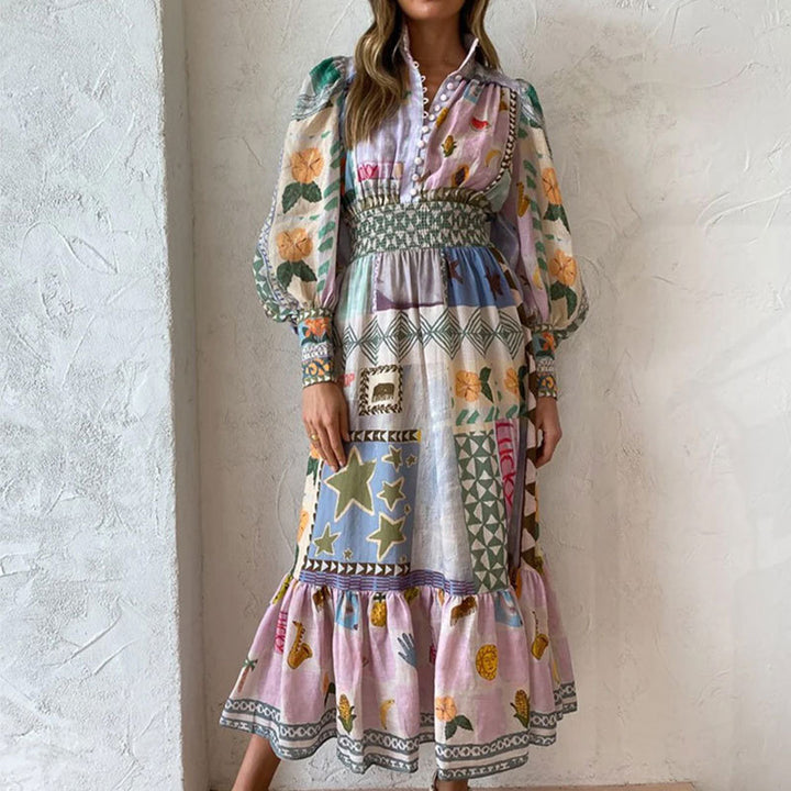 Robe maxi longue pour femme avec motif patchwork coloré et manches volumineuses Chic & Stil