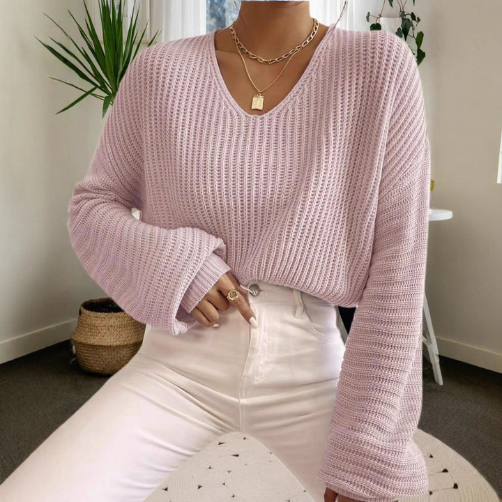 Casual knit sweater for women with wide V-neck and extra long sleeves Lune London