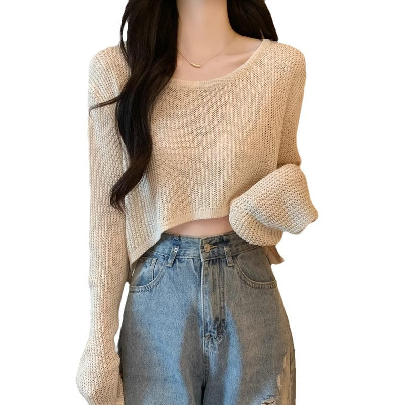 Women's Cropped Knit Sweater with Fine Weave Pattern and Casual Shoulder Areas