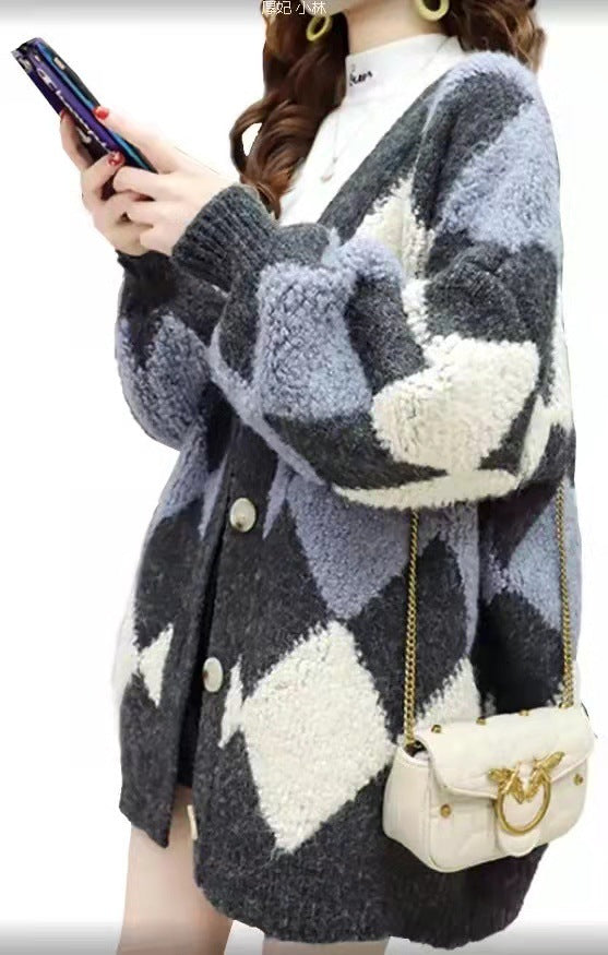 Cardigan en tricot épais pour femmes avec motif en losange décoratif et coupe confortable Chic & Stil