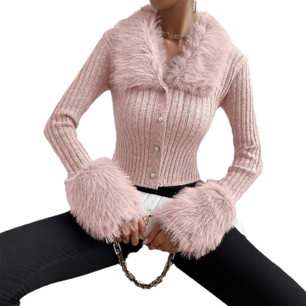 Trendy knitted sweater for women with a fluffy collar and chic and stylish sleeve finishes