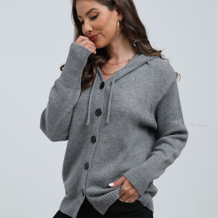 Hooded knit jacket for women with button closure and wide ribbed pattern Lune London