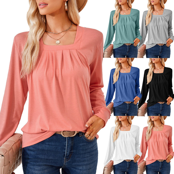 Long sleeve T-shirt for women with square neckline and feminine ruche Lune London