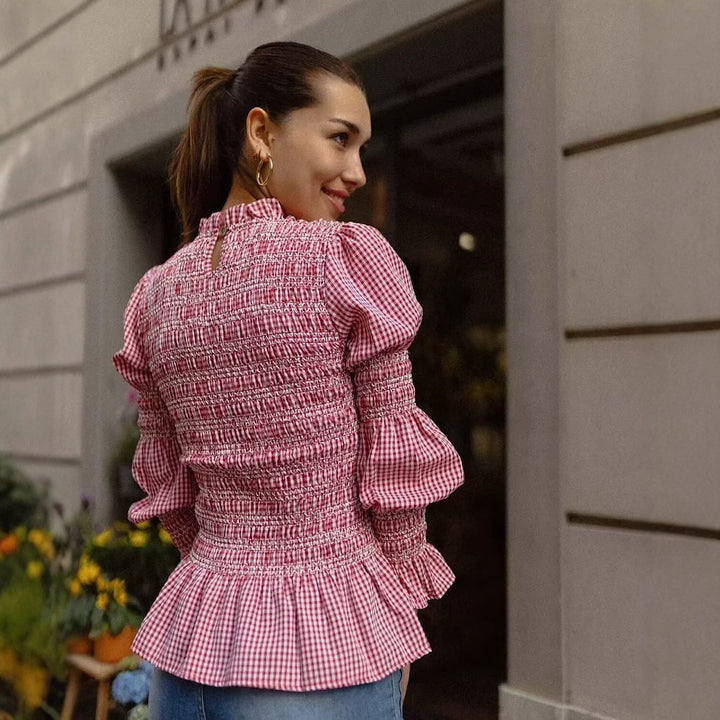 Ruffled blouse for women with gingham pattern and elegant puff sleeves Lune London