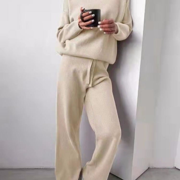Women's Cozy Knit Loungewear Set with Wide Pants and Elegant Round Neck Lune London