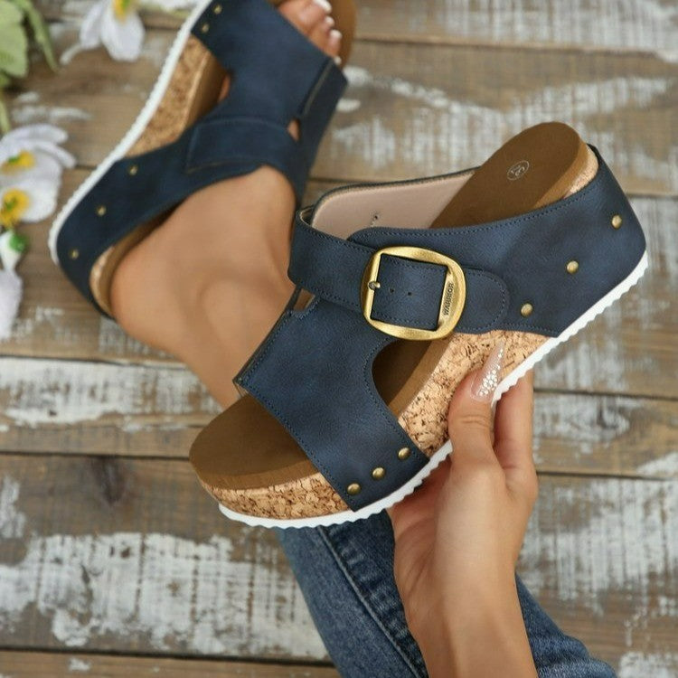 Comfortable wedge sandals for women with adjustable strap and cork sole Lune London