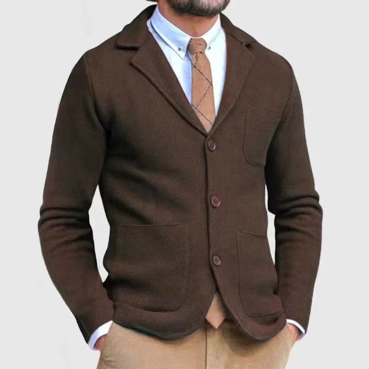 Casual knitted jacket for men with button placket and appliqué pockets Lune London