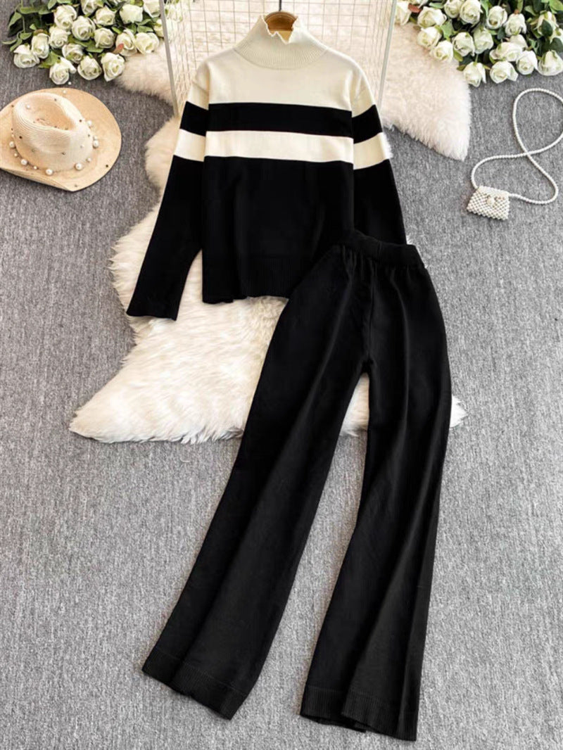 Knitted loungewear set for women with a high collar and wide stripes Lune London