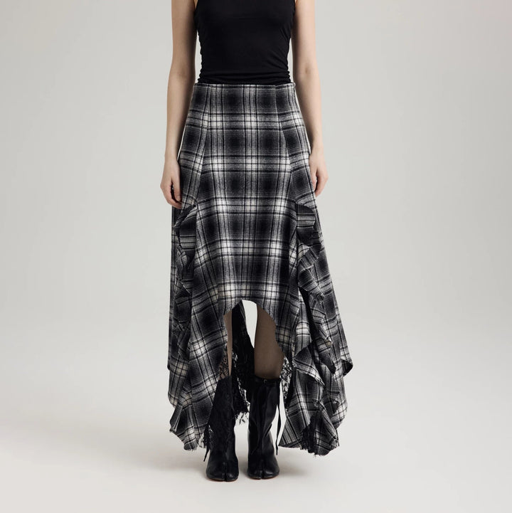 Women’s maxi skirt with asymmetric hem and ruffle details Lune London
