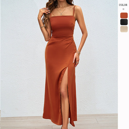 Elegant satin maxi dress for women with high slit and spaghetti straps Chic & Stil