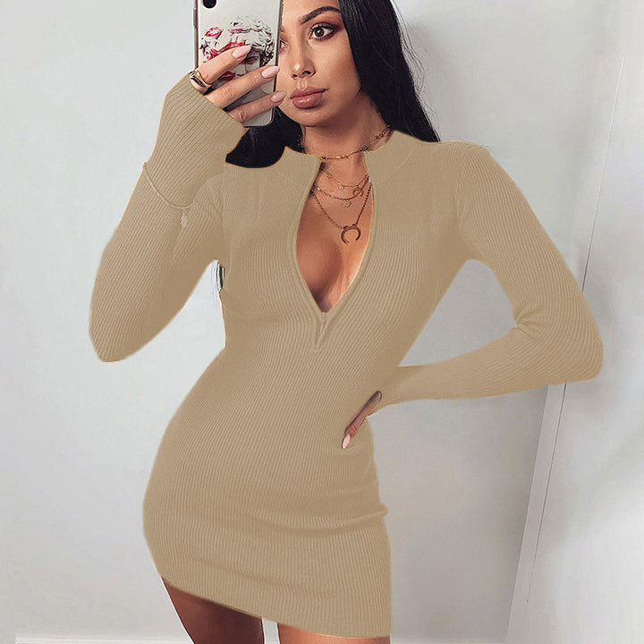 Knit dress for women with deep V neckline and long sleeves Lune London
