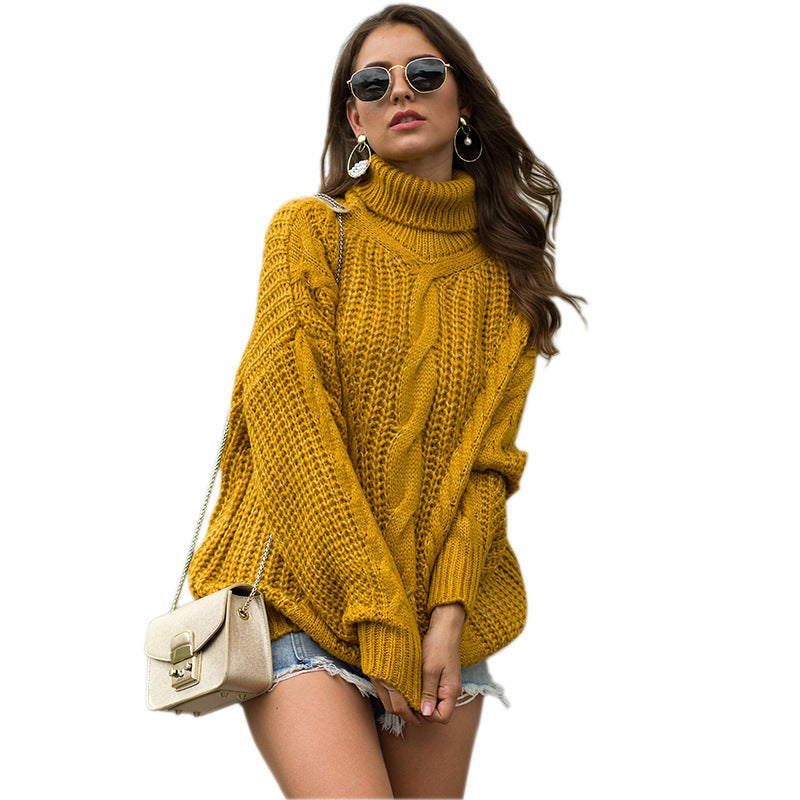 Pull oversize en tricot pour femmes avec col roulé et motif en cable Chic & Stil