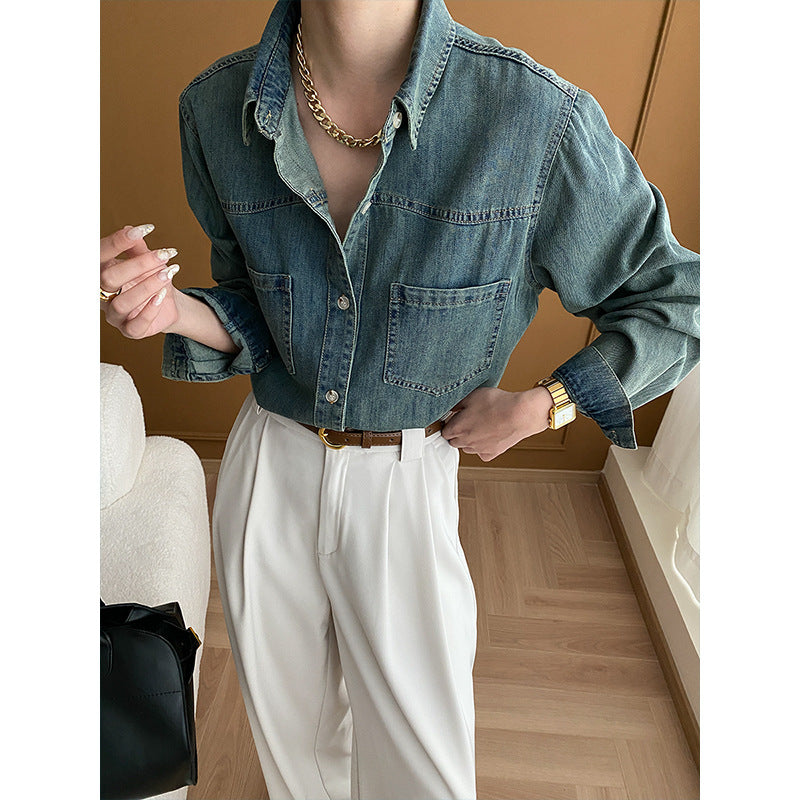 Ladies denim shirt with casual cut and practical chest pockets Chic & Stil