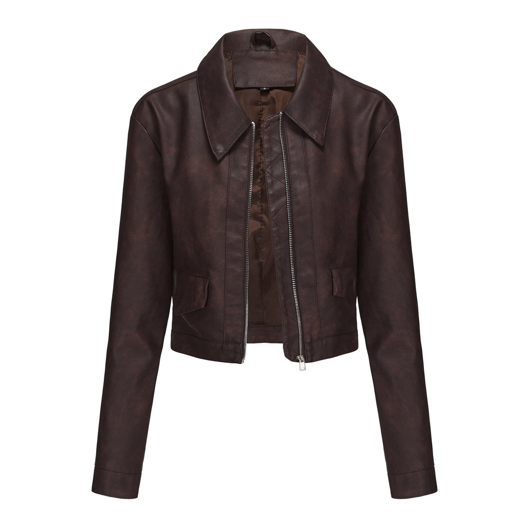 Trendy cropped synthetic leather jacket for women with classic wave collar Lune London