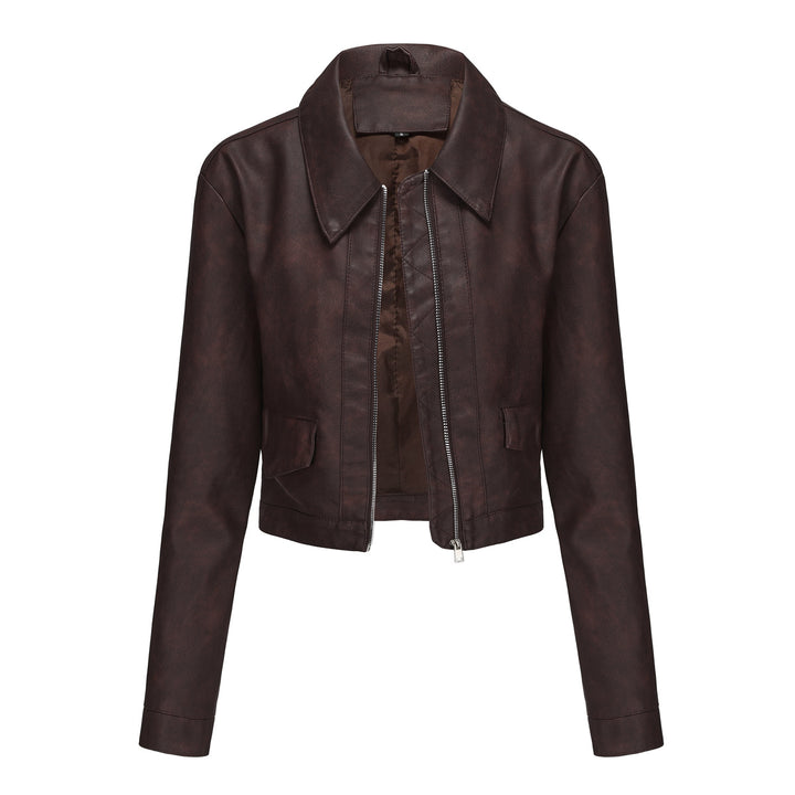 Trendy cropped synthetic leather jacket for women with classic wave collar Lune London