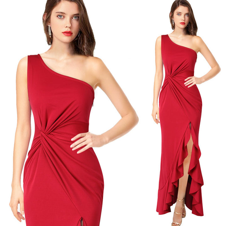 Maxi dress for women with asymmetrical neckline and elegant draped design Lune London