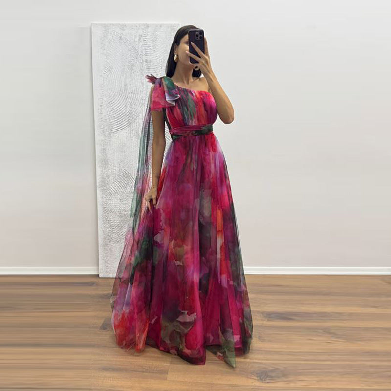 Women's Festive Maxi Dress with Sheer Chiffon Overlays and Delicate Ruffle Design