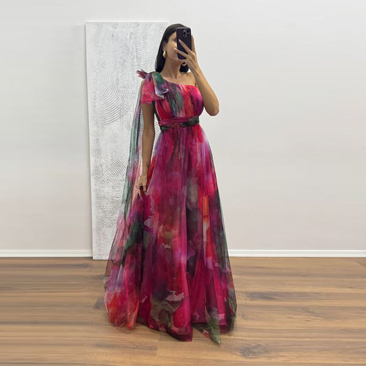 Women's Festive Maxi Dress with Sheer Chiffon Overlays and Delicate Ruffle Design