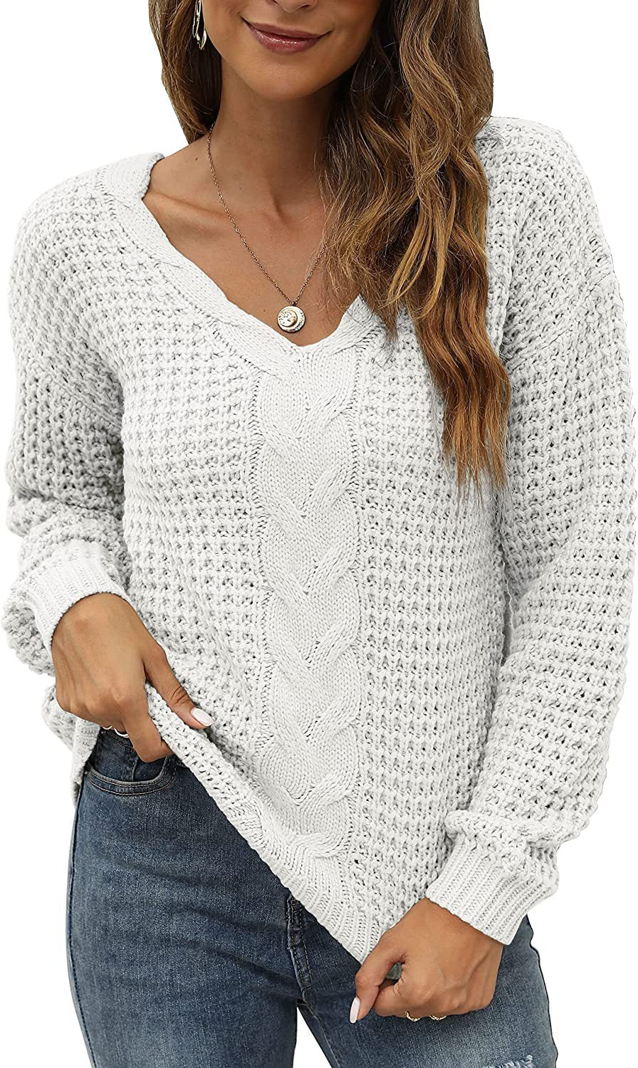 Casual knit pullover for women with deep V neckline and detailed cable pattern Lune London