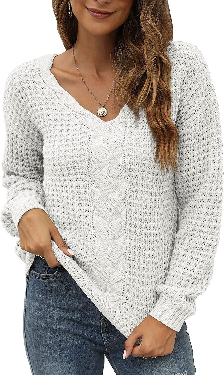 Casual knit pullover for women with deep V neckline and detailed cable pattern Lune London