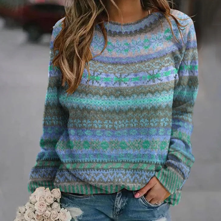 Women's Knit Sweater with Colorful Norwegian Pattern and Round Neck Chic Und Stil
