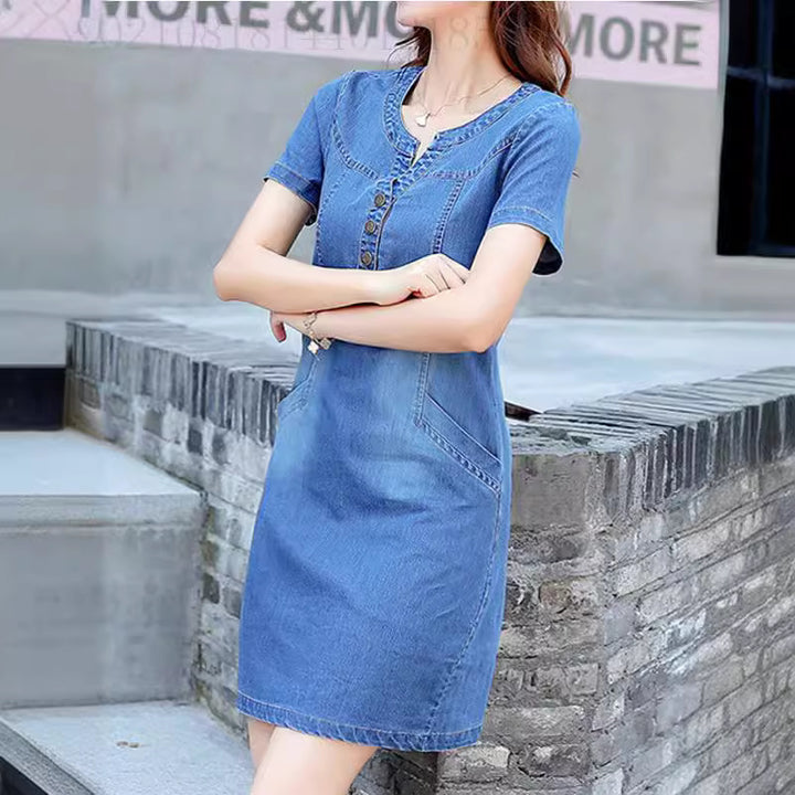 Women’s denim dress in a casual cut with button details and practical pockets Lune London