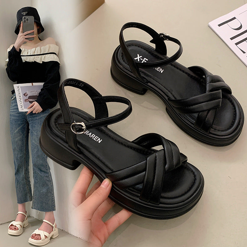 Women's sandals with an elegant cross strap and a chic block heel Lune London