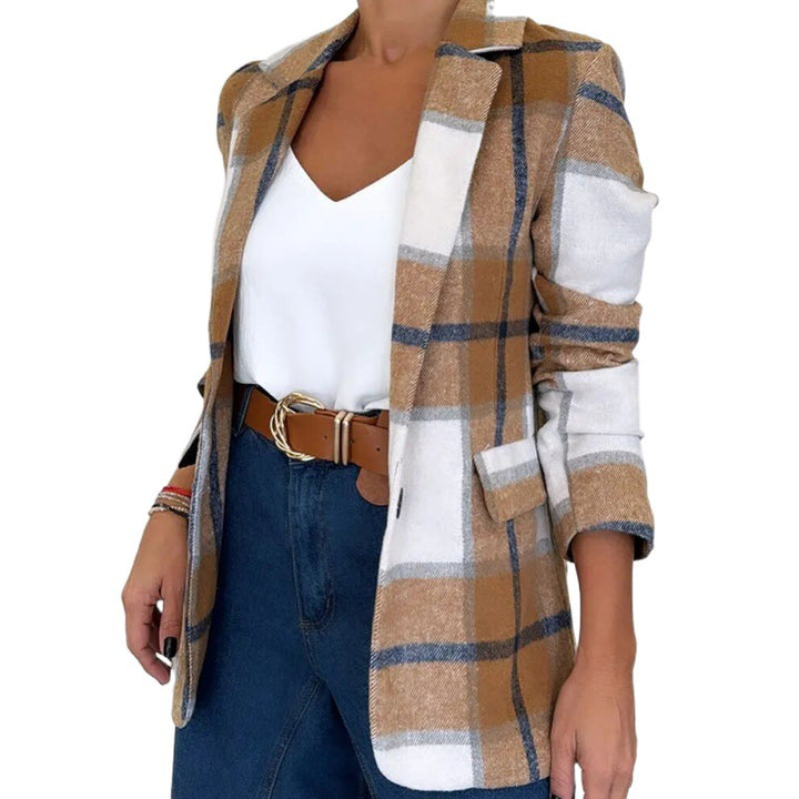 Blazer à carreaux pour femmes en mélange de laine de haute qualité avec des manches élastiques et des poches pratiques Chic & Stil