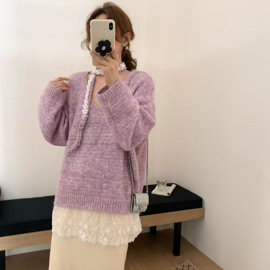 Pull en tricot cosy pour femmes avec bas en dentelle élégant Chic & Stil