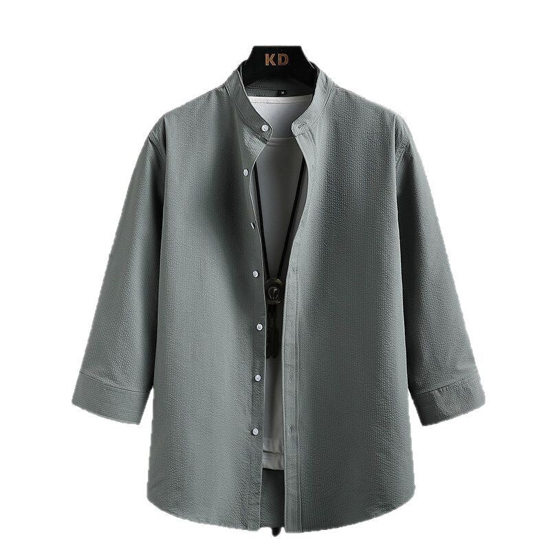Long sleeve shirt for men Nizza with modern stand-up collar and structured fabric Lune London