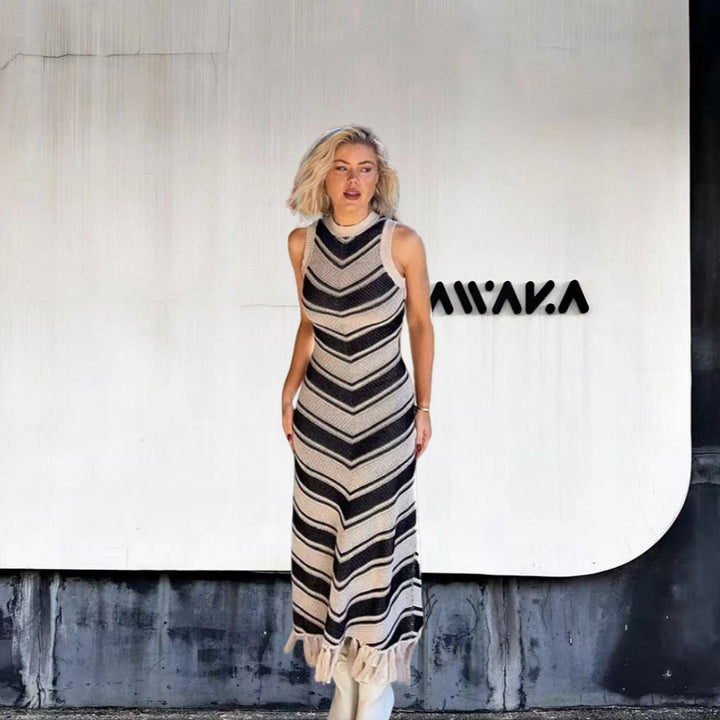 Maxi dress for women with chevron pattern and fringed details Lune London