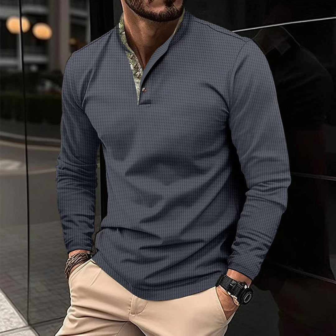 Men's long sleeve shirt with a modern stand collar and a subtle checked pattern Lune London
