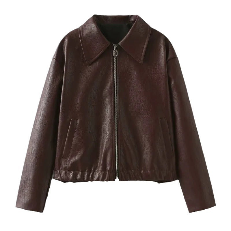 Ladies oversized synthetic leather jacket with wide collar and zipper Lune London