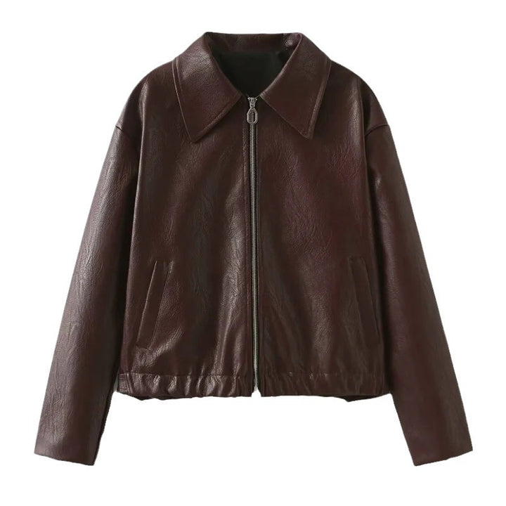 Ladies oversized synthetic leather jacket with wide collar and zipper Lune London
