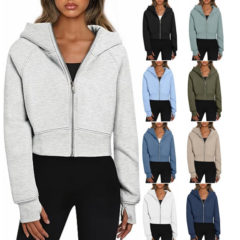 Ladies Crop Sweat Jacket with Zipper and Hood Lune London