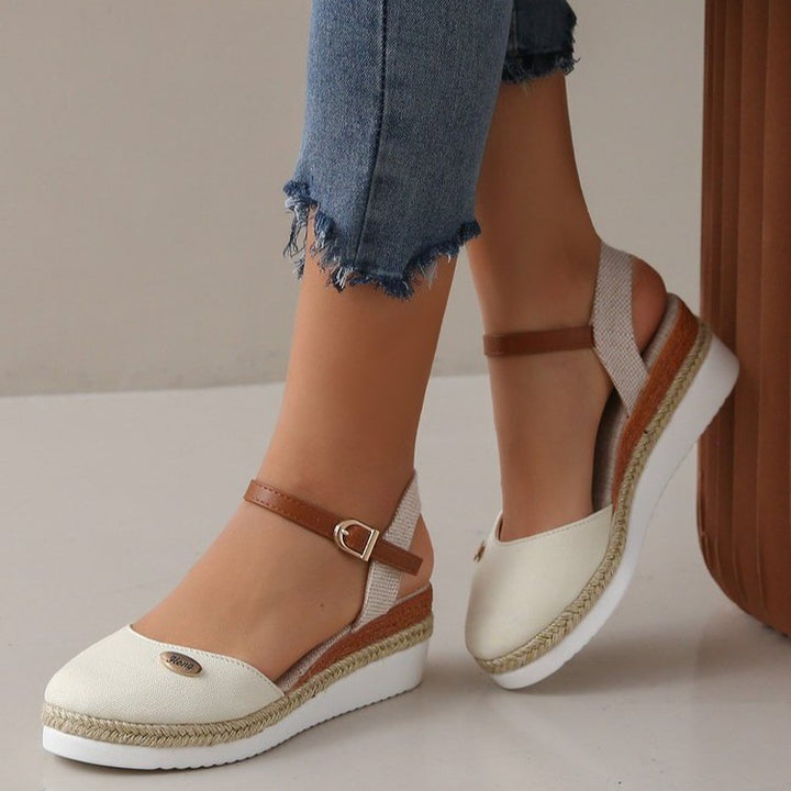 Wedge heel sandals for women with woven strap design and comfortable sole Lune London