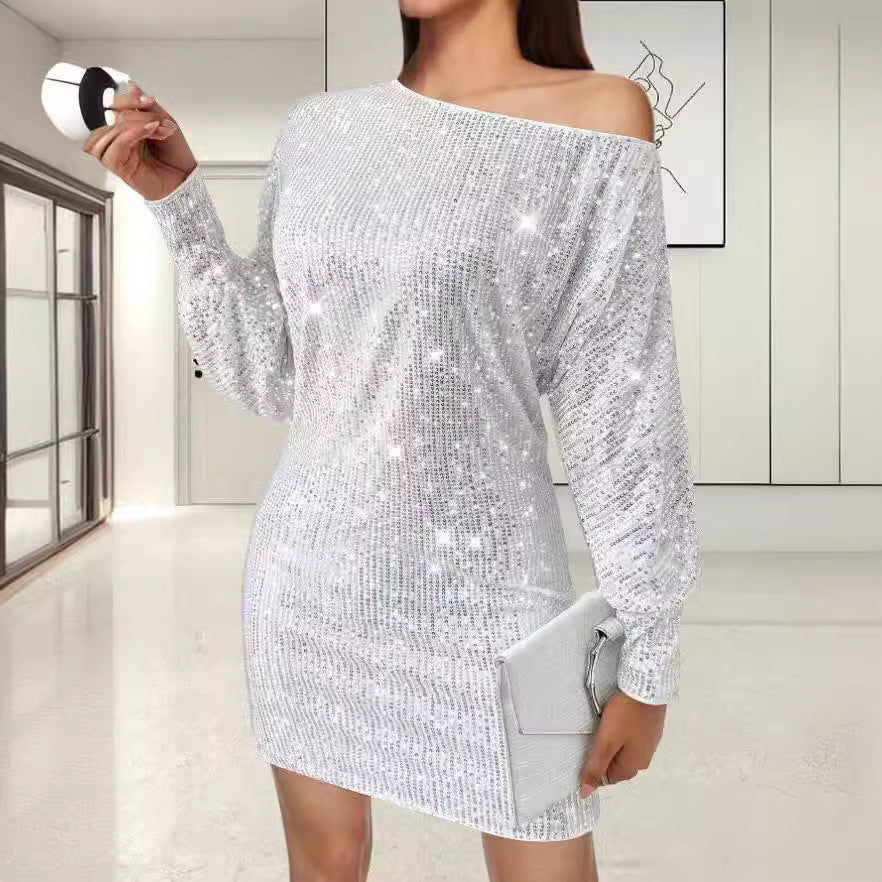 Glamorous mini dress for women with asymmetric sleeve design and sparkling effects Lune London