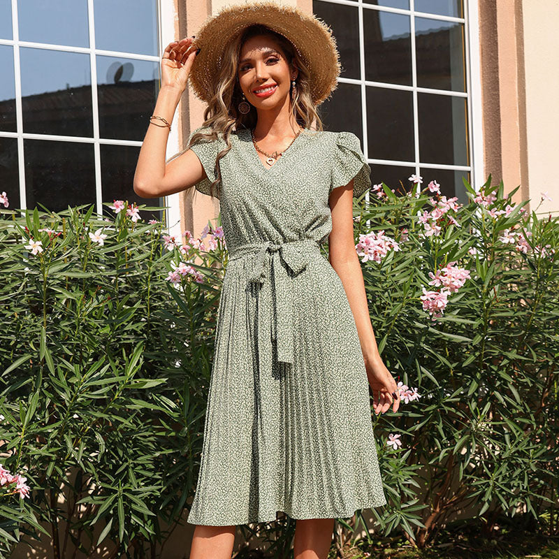 Pleated wrap dress for women with waist detail