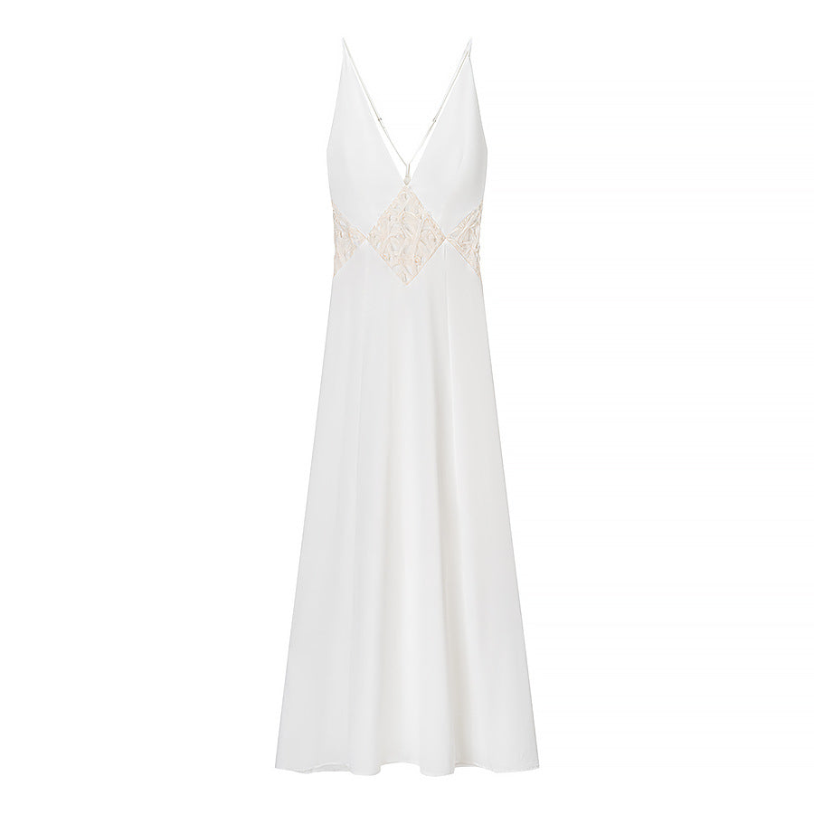 Women’s long sleeve maxi dress with a refined V-neckline and artistic lace ornament Lune London