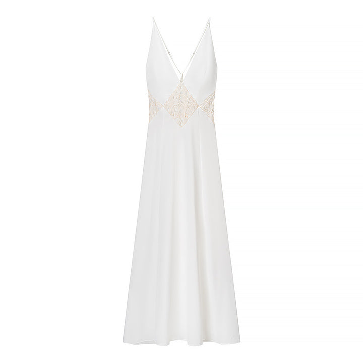 Women’s long sleeve maxi dress with a refined V-neckline and artistic lace ornament Lune London