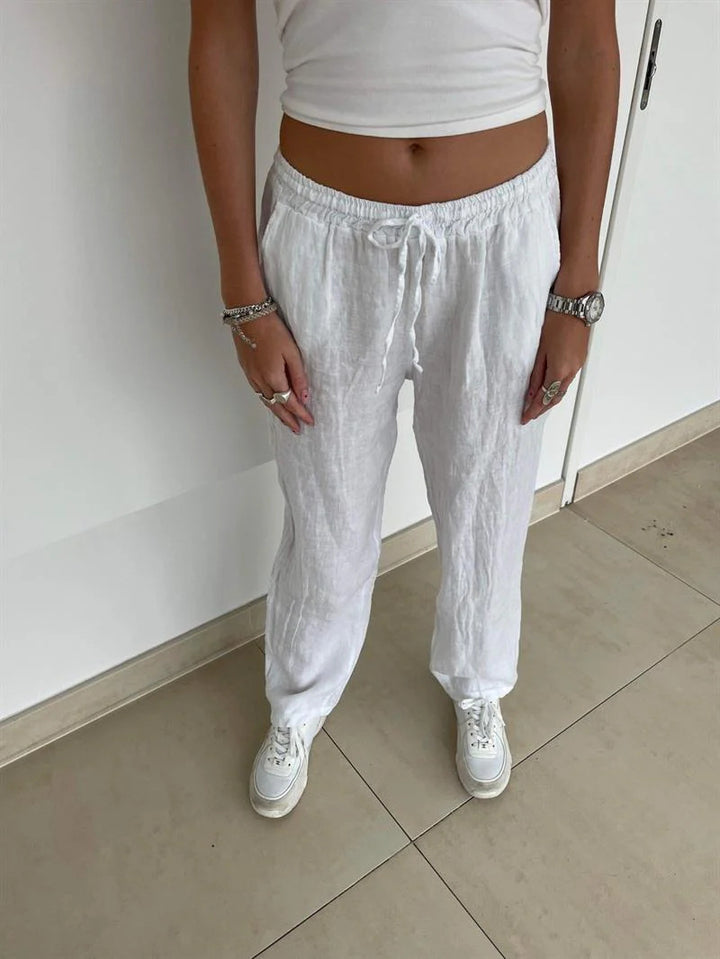 Loose linen pants for women with elastic waistband and side pockets Lune London