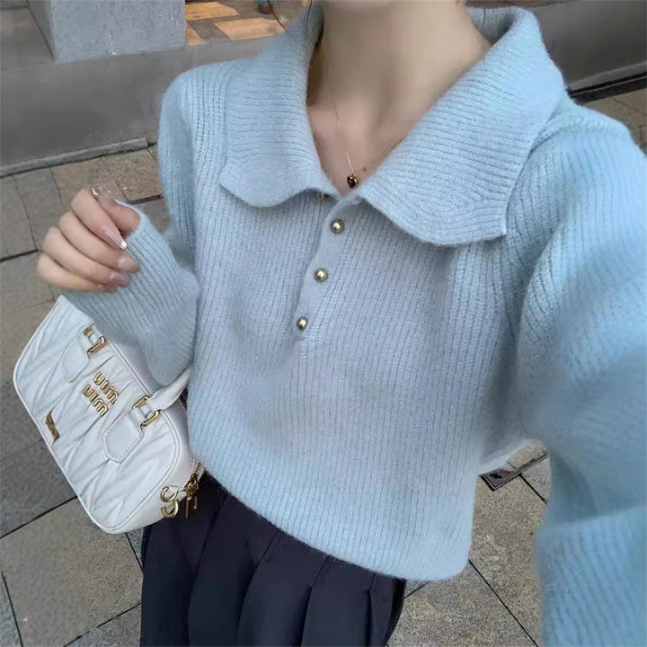 Pull élégant à col polo pour femmes en drap tricot doux