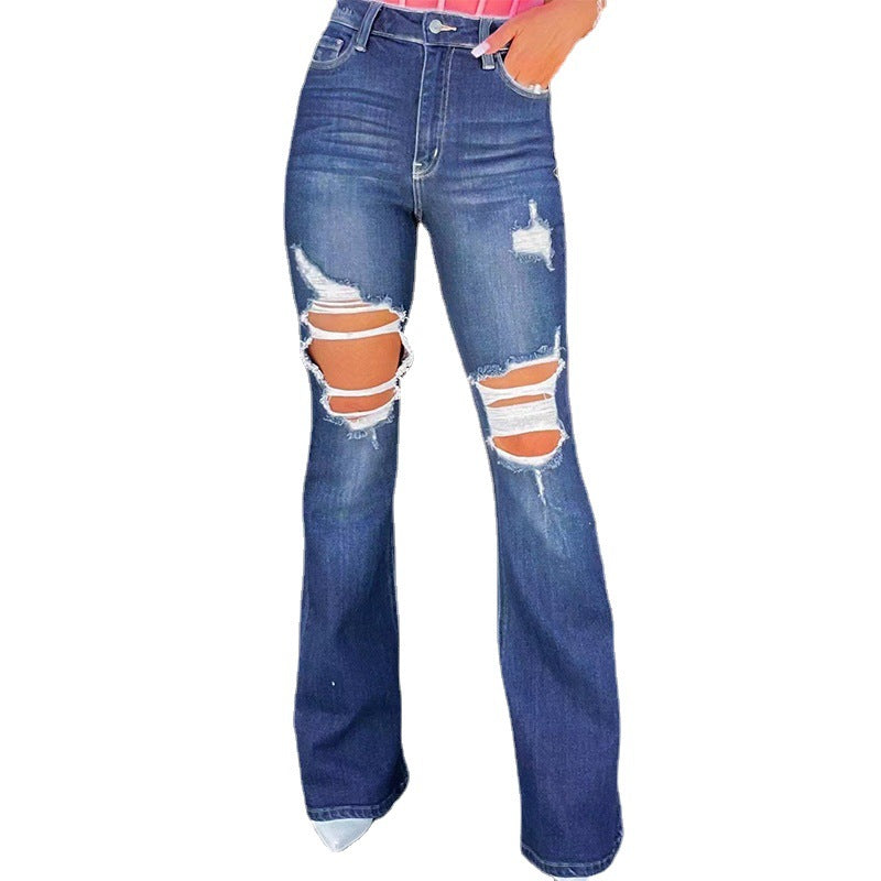 Jeans évasés pour femmes au look détruit avec poches hautes et ourlet effiloché Chic & Stil