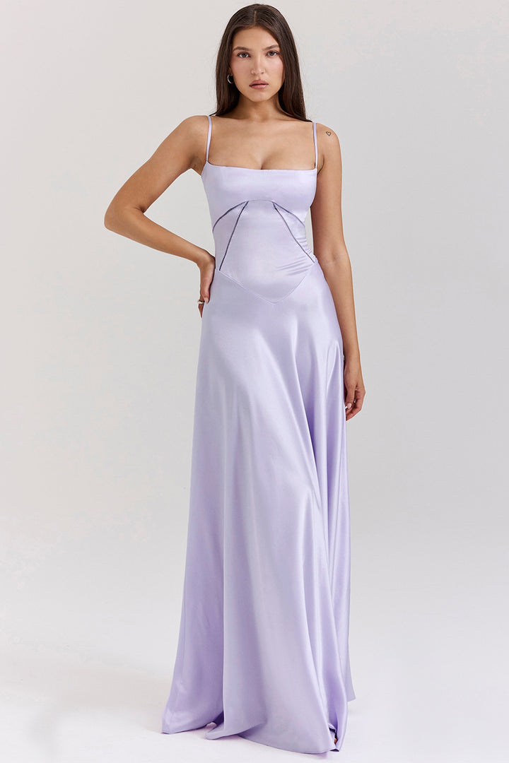 Women's Elegant Maxi Dress with Slim Spaghetti Straps and Flowing Satin Fall Lune London