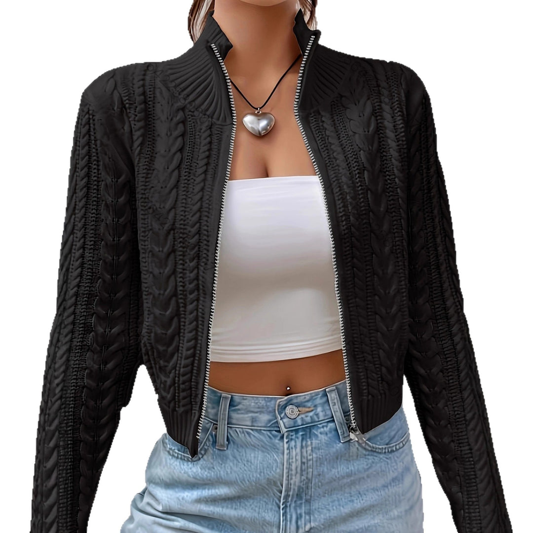 Ladies' knitted jacket with an elegant cable pattern and a modern high collar Lune London