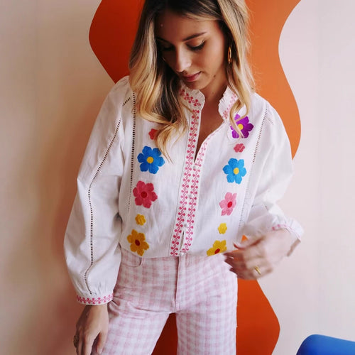 Shirt for women with colorful embroidery and romantic ruffled design Lune London