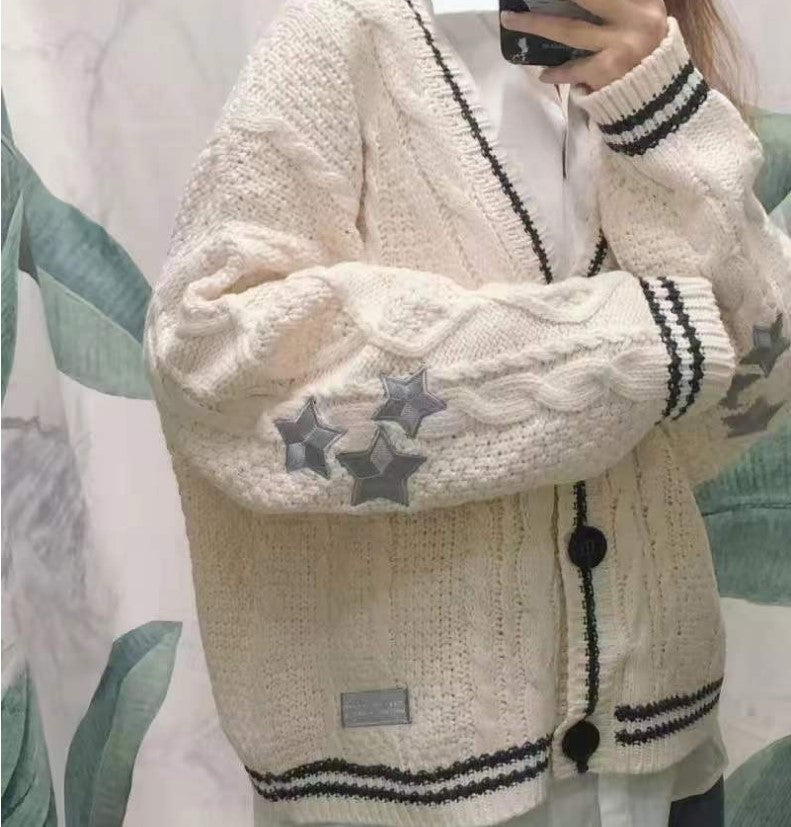 Ladies Chunky Knit Cardigan with Star Pattern Fashion Lune London