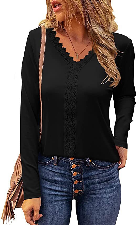 Ladies elegant long sleeve V-neck T-shirt with lace trim Lune London