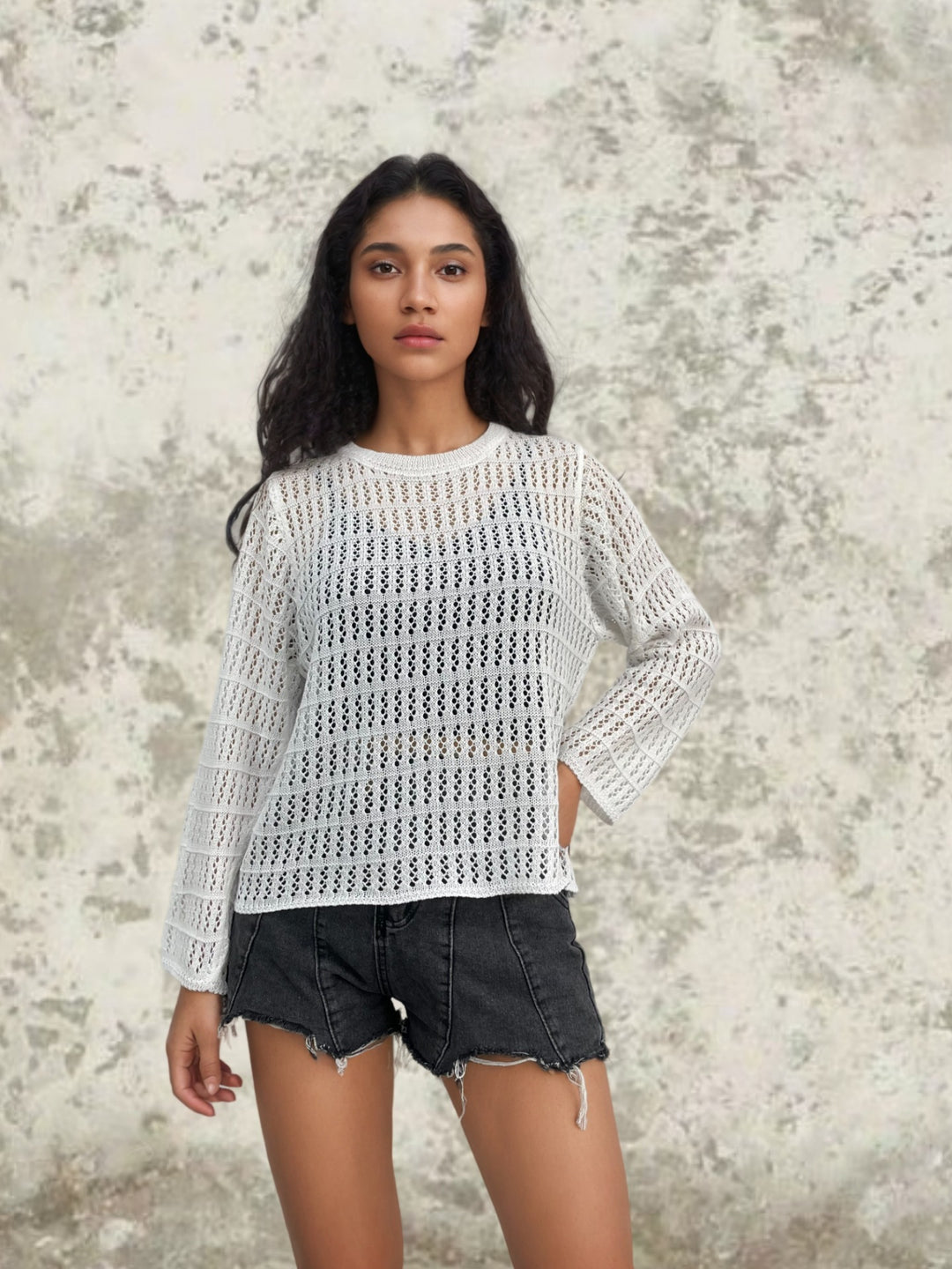 Women knitted sweater with fashionable openwork pattern Lune London